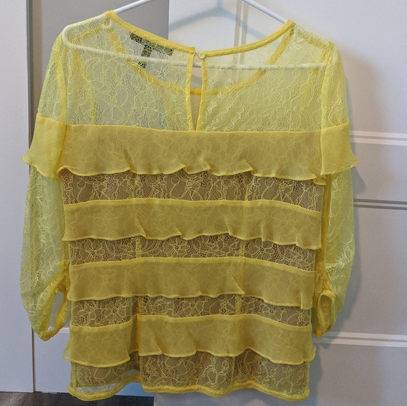 BCBG MaxAzria Canary yellow ruffle lace blouse - Picture 2 of 5